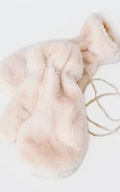 Cream Soft Faux Fur Attached Mittens