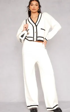 Cream Soft Knit Contrast Stripe Detail Wide Leg Pants