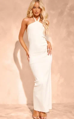 Cream Soft Knit Halter Tie Maxi Dress