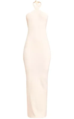 Cream Soft Knit Halter Tie Maxi Dress