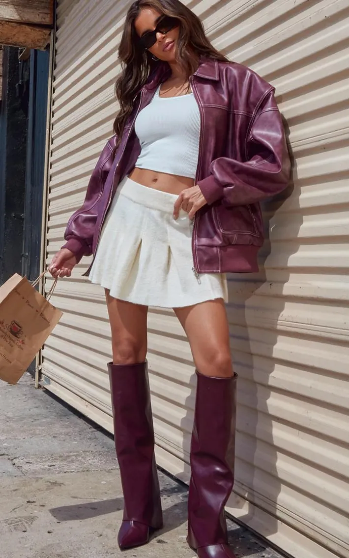 Cream Soft Knit Pleated Mini Skirt