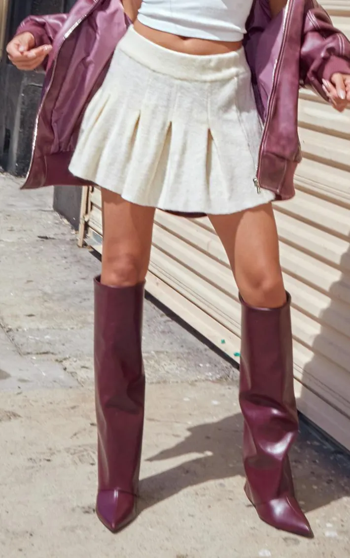 Cream Soft Knit Pleated Mini Skirt