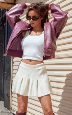 Cream Soft Knit Pleated Mini Skirt