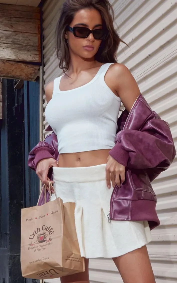 Cream Soft Knit Pleated Mini Skirt