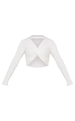 Cream Soft Rib Knit Front Twist Crop Top