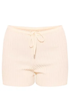 Cream Soft Rib Knit Tie Waist Mini Shorts
