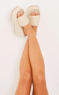 Cream Stretch Chunky Platform Wedge Heel Slides