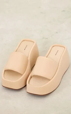 Cream Stretch Chunky Platform Wedge Heel Slides