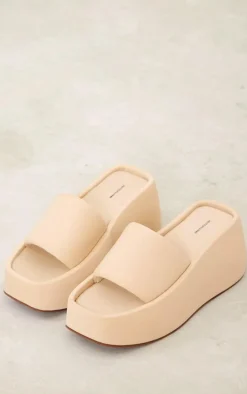 Cream Stretch Chunky Platform Wedge Heel Slides