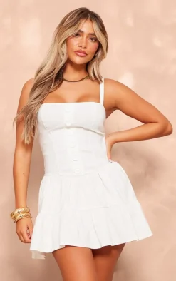 Cream Stretch Woven Button Up Tiered Shift Dress