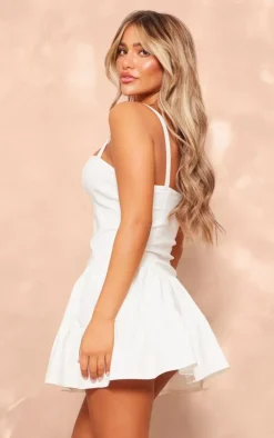 Cream Stretch Woven Button Up Tiered Shift Dress