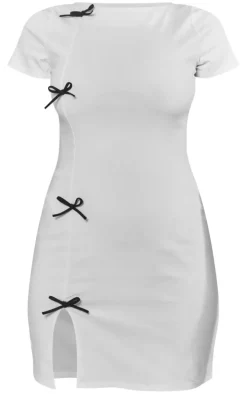 Cream Stretch Woven Contrast Bow Detail Bodycon Dress