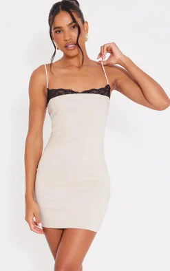 Cream Stretch Woven Lace Binding Bodycon Dress