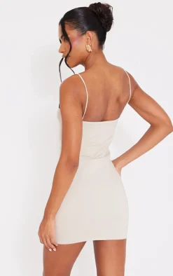 Cream Stretch Woven Lace Binding Bodycon Dress