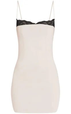 Cream Stretch Woven Lace Binding Bodycon Dress