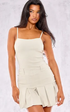 Cream Stretch Woven Pleated Strappy Shift Dress