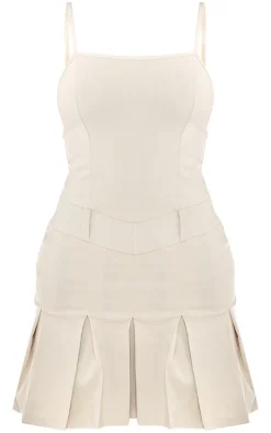 Cream Stretch Woven Pleated Strappy Shift Dress