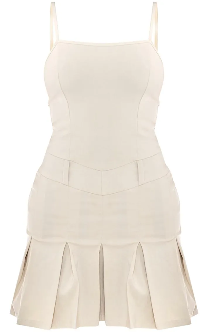 Cream Stretch Woven Pleated Strappy Shift Dress