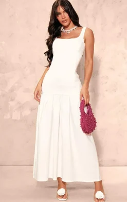 Cream Stretch Woven Puff Hem Midaxi Dress