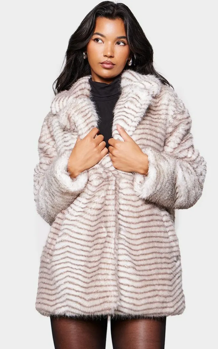 Cream Stripe Faux Fur Collar Detail Coat