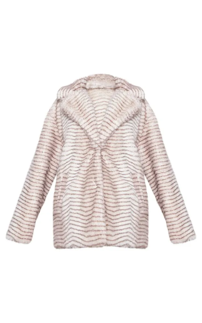 Cream Stripe Faux Fur Collar Detail Coat