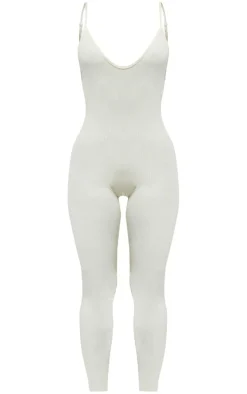 Cream Structured Snatched Rib Strappy Plunge Jumpsuit