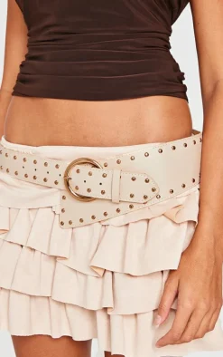 Cream Stud Detail Cross Over Buckle Waist Belt