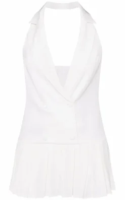 Cream Tailored Woven Halter Neck Pleated Skort Romper