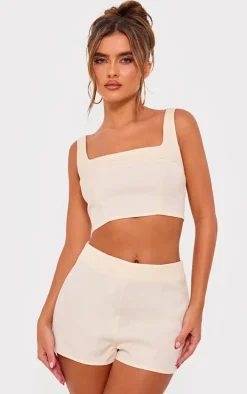Cream Tailored Woven Seam Detail Straight Neck Crop Top