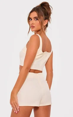 Cream Tailored Woven Seam Detail Straight Neck Crop Top