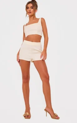 Cream Tailored Woven Seam Detail Straight Neck Crop Top