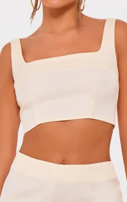 Cream Tailored Woven Seam Detail Straight Neck Crop Top