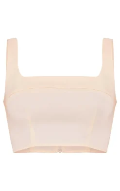 Cream Tailored Woven Seam Detail Straight Neck Crop Top