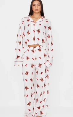 Cream Teddy Print Crinkle Long Pj Set
