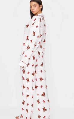 Cream Teddy Print Crinkle Long Pj Set