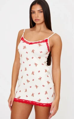 Cream Teddy Print Lace Trim Cami Nightie