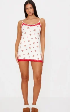 Cream Teddy Print Lace Trim Cami Nightie