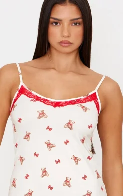 Cream Teddy Print Lace Trim Cami Nightie