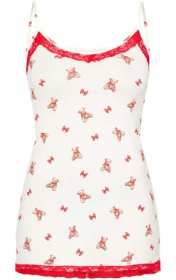 Cream Teddy Print Lace Trim Cami Nightie