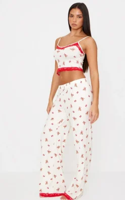 Cream Teddy Print Lace Trim Cami Long Pj Set