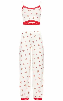 Cream Teddy Print Lace Trim Cami Long Pj Set