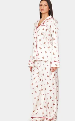 Cream Teddy Print Satin Long Pj Set