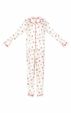 Cream Teddy Print Satin Long Pj Set