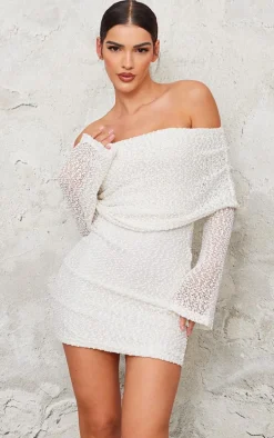 Cream Textured Bardot Flare Long Sleeve Mini Dress