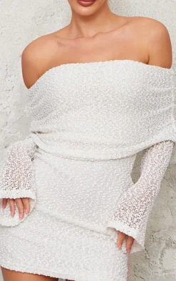 Cream Textured Bardot Flare Long Sleeve Mini Dress