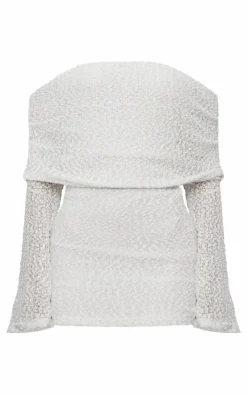 Cream Textured Bardot Flare Long Sleeve Mini Dress