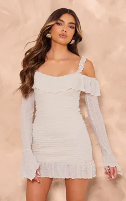 Cream Textured Bardot Frill Hem Bodycon Dress