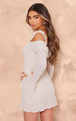 Cream Textured Bardot Frill Hem Bodycon Dress