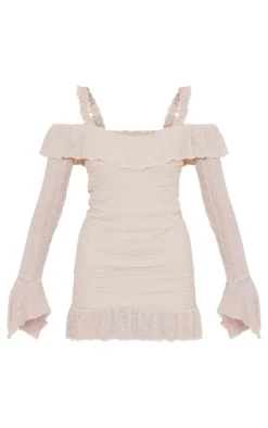 Cream Textured Bardot Frill Hem Bodycon Dress