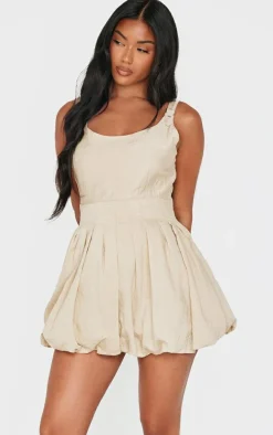 Cream Textured Buckle Strap Puffball Dress